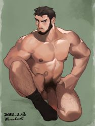 Rule 34 | 1boy, abs, bara, beard, black footwear, black hair, completely nude, dated, facial hair, flaccid, full body, highres, large pectorals, large penis, leg hair, looking at viewer, male focus, male pubic hair, mature male, muscular, muscular male, mustache, navel, navel hair, nipples, nude, original, pectorals, penis, powerlesssong, pubic hair, raised eyebrows, short hair, socks, solo, stomach, testicles, thick eyebrows, thick thighs, thighs, uncensored