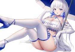 Rule 34 | 1girl, azur lane, bandeau, bare shoulders, blue choker, blue eyes, blue footwear, breasts, choker, cleavage, commentary request, criss-cross halter, elbow gloves, gloves, halterneck, hand up, high heels, illustrious (azur lane), large breasts, long hair, midriff, mole, mole under eye, shenqi (toid310), simple background, sitting, solo, thighhighs, thighs, umbrella, very long hair, white background, white gloves, white hair, white thighhighs