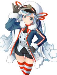 Rule 34 | 1girl, absurdres, arm up, black gloves, black necktie, black shorts, blue eyes, blue hair, blue jacket, closed mouth, collared shirt, commentary request, fur-trimmed jacket, fur-trimmed sleeves, fur trim, gloves, hand on headwear, hand on own hip, hat, hatsune miku, highres, jacket, long hair, mamagogo (gomaep), necktie, open clothes, open jacket, peaked cap, red shirt, shirt, short shorts, shorts, simple background, smile, snowflakes, solo, striped clothes, striped thighhighs, thighhighs, twintails, very long hair, vest, vocaloid, white background, white hat, white vest, yuki miku, yuki miku (2022)
