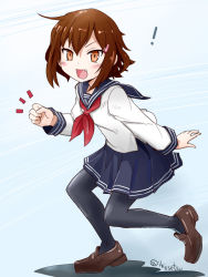 Rule 34 | !, 10s, 1girl, :d, black pantyhose, brown eyes, brown hair, fang, full body, hair ornament, hairclip, ikazuchi (kancolle), ikusotsu, kantai collection, loafers, looking at viewer, open mouth, pantyhose, pleated skirt, school uniform, serafuku, shoes, short hair, simple background, skirt, smile, solo