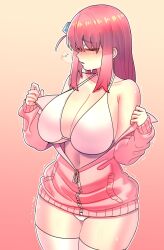 Rule 34 | 1girl, bare shoulders, bocchi the rock!, breasts, cleavage, closed eyes, closed mouth, curvy, gintm, gotoh hitori, highres, huge breasts, large breasts, long hair, pink hair, solo, thick thighs, thighhighs, thighs, wide hips