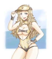 Rule 34 | 1girl, absurdres, blonde hair, breasts, cleavage, fire emblem, fire emblem fates, hayato stuff, highres, large breasts, long hair, looking at viewer, medium breasts, nintendo, open mouth, ophelia (fire emblem), grey eyes, smile, solo, swimsuit