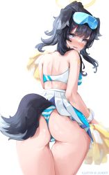 Rule 34 | 1girl, animal ears, artist name, ass, bare shoulders, black hair, blue archive, blue eyes, blush, breasts, cameltoe, cheerleader, crop top, dog ears, dog girl, dog tail, eyewear on head, goggles, goggles on head, halo, hibiki (blue archive), hibiki (cheer squad) (blue archive), highres, lil noot, long hair, looking at viewer, looking back, medium breasts, millennium cheerleader outfit (blue archive), official alternate costume, panties, partially visible vulva, pom pom (cheerleading), skirt, solo, striped clothes, striped panties, tail, thigh gap, thighs, underwear, wedgie, white background