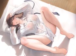 Rule 34 | 1girl, bare legs, barefoot, bed sheet, blush, bottomless, breasts, brown eyes, brown hair, collarbone, collared shirt, covered erect nipples, dress shirt, feet, full body, highres, indoors, inushima, large breasts, long hair, long sleeves, looking at viewer, lying, necktie, nipples, no bra, non-web source, on back, on bed, open mouth, original, photoshop (medium), pillow, see-through, see-through shirt, shirt, solo, spread legs, teeth, toes, unworn necktie, upper teeth only, white shirt, wooden floor