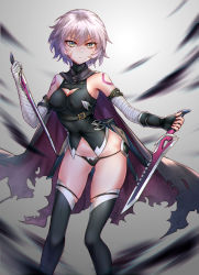 Rule 34 | 1girl, aged up, alternate breast size, ass, bandaged arm, bandages, bare shoulders, black gloves, black panties, breasts, cape, cleavage, cleavage cutout, closed mouth, clothing cutout, commentary request, covered erect nipples, dagger, facial scar, fate/apocrypha, fate/grand order, fate (series), fingerless gloves, gloves, green eyes, highres, holding, holding weapon, hua-j, jack the ripper (fate/apocrypha), knife, lowleg, lowleg panties, medium breasts, panties, reverse grip, scar, scar across eye, scar on cheek, scar on face, serious, short hair, silver hair, simple background, solo, standing, tattoo, thighhighs, torn cape, torn clothes, turtleneck, underwear, weapon