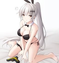 Rule 34 | 1girl, animal ears, bed, bikini, black bikini, bow, breasts, earrings, five-seven (cruise queen) (girls&#039; frontline), five-seven (girls&#039; frontline), fn five-seven, girls&#039; frontline, gun, hair bow, handgun, highres, jewelry, keenh, large breasts, long hair, looking at viewer, official alternate costume, on bed, orange eyes, pdw-caliber pistol, pistol, pout, rabbit ears, silver hair, sitting, solo, sulking, swimsuit, weapon, white background