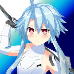 Rule 34 | axe, bare shoulders, blanc (neptunia), blue background, blue hair, bodysuit, breasts, gloves, highres, long hair, mirroa1015, neptune (series), red eyes, small breasts, smile, white heart (neptunia)
