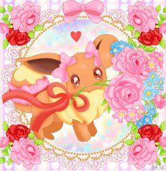 Rule 34 | blush, bow, creatures (company), eevee, flower, game freak, gen 1 pokemon, highres, jirachicute28, mouth hold, nintendo, no humans, pokemon, pokemon (creature), red eyes, ribbon, rose, smile, solo, valentine