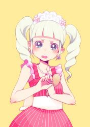1girl, aikatsu!, aikatsu! (series), armpits, bangs, bare arms, bare shoulders, blue eyes, blunt bangs, blush, bow, bow earrings, commentary request, crop top, dress, drill hair, earrings, embarrassed, fang, flower, hair flower, hair ornament, headdress, heart, heart necklace, holding, holding spoon, jewelry, long hair, multicolored, multicolored clothes, multicolored dress, necklace, pearl necklace, pink dress, red dress, rice spoon, shiny, shiny skin, silver hair, simple background, sleeveless, sleeveless dress, solo, spoon, toudou yurika, tsundere, twin drills, twintails, ukokkei, upper body, v-shaped eyebrows, white headdress, white stripes, wooden spoon, yellow background
