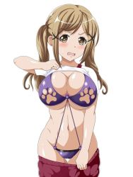 Rule 34 | 10s, 1girl, areola slip, bang dream!, blush, breasts, cleavage, clothes lift, clothes pull, hair ornament, ichigaya arisa, large breasts, lifted by self, looking at viewer, navel, open mouth, pulled by self, shirt lift, simple background, solo, standing, suzumori kuroku, swimsuit, tagme, twintails, white background, x hair ornament