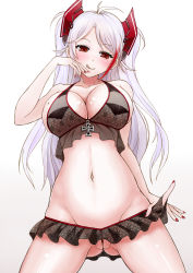 Rule 34 | 1girl, :q, azur lane, black bra, bra, breasts, cleft of venus, cross, from below, gluteal fold, headgear, iron cross, large breasts, light purple hair, lingerie, long hair, looking at viewer, mole, mole on breast, multicolored hair, navel, prinz eugen (azur lane), red eyes, red hair, sai-go, see-through, simple background, solo, streaked hair, tongue, tongue out, two-tone hair, underwear, white background