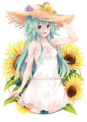 Rule 34 | 10s, 1girl, :d, bare shoulders, blue eyes, blush, dress, flower, green hair, hair between eyes, hair ornament, hairclip, hat, highres, kantai collection, long hair, looking at viewer, nahaki, open mouth, simple background, smile, solo, straw hat, sunflower, white background, white dress, yamakaze (kancolle)