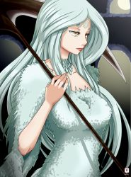 Rule 34 | 1girl, breasts, closed mouth, dark souls (series), dark souls i, dragon girl, fur, horns, kawa-v, large breasts, long hair, monster girl, priscilla the crossbreed, scales, scythe, solo, weapon, white hair, yellow eyes