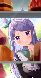 Rule 34 | 1girl, animal ears, blush, bow, cake, clenched hand, closed mouth, collar, commentary request, ear ribbon, food, frilled collar, frills, grimace, highres, horse ears, horse girl, kazepana, leaning to the side, light purple hair, long hair, looking at object, mejiro mcqueen (umamusume), purple eyes, solo, sweatdrop, swept bangs, umamusume, upper body