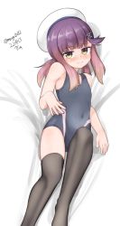 Rule 34 | absurdres, black thighhighs, blue one-piece swimsuit, covered navel, dated, feet out of frame, gradient hair, grey one-piece swimsuit, hair ornament, hairclip, hat, highres, kantai collection, maru (marg0613), multicolored hair, one-hour drawing challenge, one-piece swimsuit, orange hair, purple eyes, purple hair, sailor hat, short hair with long locks, sidelocks, smile, swimsuit, thighhighs, tsushima (kancolle), twitter username, white hat