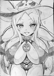 Rule 34 | 1girl, blush, breasts, covered erect nipples, female focus, gloves, greyscale, hair ornament, hairclip, hands on own hips, hat, heart, jewelry, jin homuhomu, large breasts, leaning forward, long hair, looking at viewer, mole, mole under mouth, monochrome, open mouth, peace symbol, pendant, revealing clothes, senran kagura, shiki (senran kagura), shiny skin, slingshot swimsuit, smile, solo, sun hat, swimsuit, traditional media