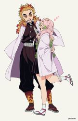 Rule 34 | 1boy, 1girl, ^ ^, belt, black legwear, black pants, black skirt, blonde hair, braid, closed eyes, coat, colored tips, dalc rose, flame print, forked eyebrows, full body, green eyes, green hair, hand on another&#039;s head, haori, happy, headpat, heart, height difference, highres, japanese clothes, kanroji mitsuri, kimetsu no yaiba, long hair, looking at another, looking down, matching outfits, miniskirt, mole, multicolored hair, outstretched hand, pants, pinching sleeves, pink hair, pleated skirt, profile, red eyes, red hair, rengoku kyoujurou, sandals, shin guards, simple background, skirt, sleeves past fingers, sleeves past wrists, standing, standing on one leg, streaked hair, sword, tabi, teacher and student, uniform, weapon, white coat, white legwear, zouri