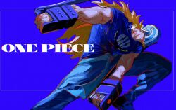 Rule 34 | 1boy, arched back, azisaiharumaki56, bara, black footwear, blonde hair, blue background, blue sash, blue shirt, brush stroke, chromatic aberration, clenched hands, copyright name, denim, english text, facial hair, facial hair through mask, facing to the side, foot out of frame, from side, gauntlets, goatee, helmet, highres, hockey mask, inset border, jeans, killer (one piece), leaning forward, long hair, male focus, mask, muscular, muscular male, one piece, outstretched arms, pants, print shirt, profile, sash, shirt, short sleeves, signature, simple background, solo, wavy hair, weapon