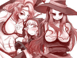Rule 34 | 3girls, amagaeru (hylathewet), amazon (dragon&#039;s crown), armor, bare shoulders, bikini armor, blush, braid, breast envy, breasts, breasts apart, circlet, cleavage, dragon&#039;s crown, dress, elf, elf (dragon&#039;s crown), gloves, hat, large breasts, long hair, looking at breasts, monochrome, multiple girls, muscular, pointy ears, sketch, sorceress (dragon&#039;s crown), strapless, strapless dress, twin braids, witch hat