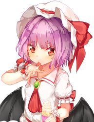Rule 34 | 1girl, ascot, bat wings, blush, food, hat, hat ribbon, ice cream, licking, light purple hair, looking at viewer, mob cap, puffy sleeves, red eyes, remilia scarlet, ribbon, sash, short hair, short sleeves, simple background, solo, tongue, tongue out, touhou, upper body, white background, wings, wrist cuffs, yukizumi remon