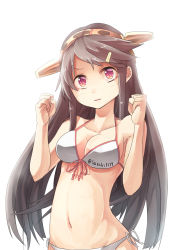 Rule 34 | 10s, 1girl, bad id, bad pixiv id, bikini, black hair, blush, breasts, cleavage, hair ornament, haruna (kancolle), headgear, highres, kantai collection, long hair, looking at viewer, navel, open mouth, red eyes, saraki, solo, swimsuit, white background