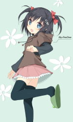Rule 34 | 1girl, black hair, black thighhighs, blue eyes, bow, flower, hair bow, hair ornament, hairclip, highres, kantoku (style), open mouth, original, short hair, short twintails, skirt, sky-freedom, sky (sky-freedom), slippers, smile, solo, standing, standing on one leg, thighhighs, twintails, two side up, zettai ryouiki