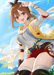 Rule 34 | 1girl, atelier (series), atelier ryza, atelier ryza 1, blush, breasts, brown eyes, brown hair, cleavage, fuumi (radial engine), gloves, guest art, hair ornament, hairclip, hat, highres, jewelry, large breasts, looking at viewer, necklace, official art, open mouth, promotional art, red shorts, reisalin stout, short hair, short shorts, shorts, smile, solo, thick thighs, thighhighs, thighs, white hat