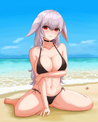 Rule 34 | 1girl, absurdres, animal ears, barefoot, beach, bikini, black bikini, black choker, blue sky, blush, breasts, choker, cleavage, closed mouth, commentary, frown, halterneck, hand on own arm, hermit crab, highres, horizon, kabochima, large breasts, long hair, looking at viewer, navel, ocean, original, red eyes, side-tie bikini bottom, silver hair, sitting, sky, solo, swimsuit, symbol-only commentary, wariza, water