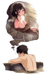 Rule 34 | 1boy, 1girl, :o, absurdres, back, black hair, blush, breasts, chitanda eru, collarbone, completely nude, covering face, highres, hyouka, imagining, knees up, large breasts, looking at viewer, mery (yangmalgage), nude, onsen, oreki houtarou, partially submerged, purple eyes, refraction, steam, wet, wet hair