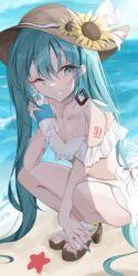 Rule 34 | 1girl, aqua eyes, aqua hair, aqua nails, arm scrunchie, bare shoulders, beach, bikini, blue sky, breasts, choker, cleavage, cloud, cloudy sky, commentary, day, earrings, fingernails, flower, frilled bikini, frills, full body, hair ornament, hat, hatsune miku, high heels, highres, jewelry, long hair, looking at viewer, nail polish, number tattoo, ocean, outdoors, parted lips, sand, sandals, scrunchie, shoulder tattoo, sitting, sky, small breasts, smile, solo, starfish, straw hat, sunflower, sunlight, swimsuit, tattoo, teeth, twintails, very long hair, vocaloid, waimoniku, wariza, water, white bikini, white choker, white scrunchie