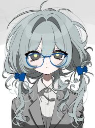 Rule 34 | 1girl, binder clip, blue-framed eyewear, buttons, closed mouth, collared shirt, glasses, grey eyes, grey jacket, grey shirt, hair intakes, hair ornament, highres, inochi memo (oosawagidays), jacket, long hair, looking at viewer, low twintails, messy hair, original, shirt, simple background, solo, straight-on, twintails, upper body, yellow pupils