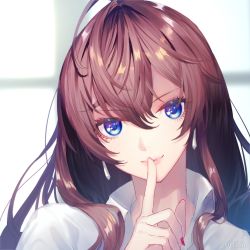 Rule 34 | 1girl, 720yen, ahoge, blue eyes, brown hair, commentary request, finger to mouth, hair between eyes, head tilt, highres, ichinose shiki, idolmaster, idolmaster cinderella girls, long hair, looking at viewer, messy hair, nail polish, red nails, shirt, solo, upper body, white shirt