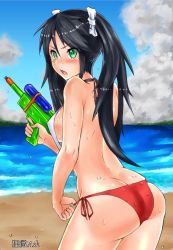 Rule 34 | 10s, 1girl, alternate costume, artist name, ass, beach, bikini, black hair, breasts, butt crack, cloud, day, from behind, frown, green eyes, hair ribbon, highres, isuzu (kancolle), kantai collection, long hair, looking at viewer, medium breasts, open mouth, ribbon, side-tie bikini bottom, sideboob, skindentation, solo, swimsuit, tanukicho ask, twintails, water gun