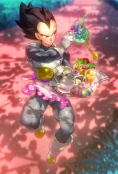 Rule 34 | 10s, 1boy, apron, armor, berry, black eyes, black hair, boots, bread, cake, chocolate cake, cup, dappled sunlight, day, dessert, dragon ball, dragon ball super, dragonball z, expressionless, fish, fish tank, floating, food, glass, gloves, grass, highres, juice, lettuce, male focus, napkin, open mouth, orange juice, outdoors, pie, serious, short hair, spiked hair, sunlight, supobi, teacup, teapot, tray, vegeta, yogen-gyo
