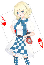Rule 34 | 1girl, absurdres, blonde hair, blue eyes, braid, card, checkered clothes, checkered skirt, chestnut mouth, colorado (kancolle), commentary request, compass, cosplay, cowboy shot, enemy lifebuoy (kancolle), highres, himenagi yuuki, kantai collection, looking at viewer, michishio (kancolle), michishio (kancolle) (cosplay), oversized object, plaid, plaid legwear, playing card, short hair, side braids, simple background, skirt, solo, standing, thighhighs, two-tone dress, two-tone legwear, white background