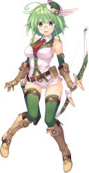 Rule 34 | 1girl, amazuyu tatsuki, aquaplus, bare shoulders, belt, belt pouch, boots, bow (weapon), dungeon travelers 2, elbow gloves, full body, glasses, gloves, green eyes, green hair, green thighhighs, hat, highres, holding, holding weapon, knee boots, matching hair/eyes, monica macy, open mouth, pouch, quiver, short hair, short shorts, shorts, sleeveless, solo, standing, sumaki shungo, thighhighs, transparent background, weapon