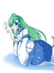 Rule 34 | 1girl, animal ears, arched back, blue eyes, blush, cat ears, cat tail, frog hair ornament, green hair, hair ornament, highres, kneeling, kochiya sanae, long hair, looking at viewer, nintoku, open mouth, simple background, snake, solo, tail, touhou, very long hair, white background, wide sleeves
