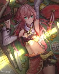 Rule 34 | 1girl, absurdres, antlers, arm up, armpits, aviary, box, breasts, cleavage, coin, detached sleeves, food, genshin impact, gold coin, green eyes, hat, highres, horns, long hair, long sleeves, looking at viewer, lying, midriff, navel, on back, pillow, pink hair, plate, scarf, scroll, sidelocks, smile, solo, tofu, unworn hat, unworn headwear, white scarf, wide sleeves, yanfei (genshin impact)