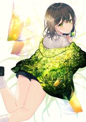 Rule 34 | 1girl, achiki, animal, bad id, bad twitter id, bare legs, black footwear, black shorts, blurry, brown hair, candy, closed mouth, depth of field, fish, floral print, food, from behind, green eyes, green jacket, grey shirt, holding, holding candy, holding food, holding lollipop, jacket, leaf, lollipop, long sleeves, looking at viewer, looking back, off shoulder, original, shirt, short hair, short shorts, shorts, socks, solo, thighs, white socks