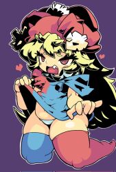 Rule 34 | 1girl, blonde hair, blue dress, blue thighhighs, blush, clothes lift, clownpiece, commentary request, corrupted twitter file, dress, dress lift, fang, flat chest, full body, hat, heart, high contrast, jester cap, kneeling, lifted by self, long hair, no shoes, open mouth, panties, purple background, red dress, red eyes, red hat, red thighhighs, ringed eyes, short sleeves, simple background, smile, solo, thighhighs, tonchamon san, touhou, underwear, very long hair, white panties
