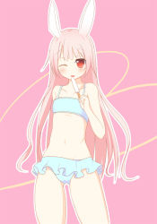 Rule 34 | 1girl, ;p, animal ears, bad id, bad pixiv id, bare legs, bare shoulders, bikini, bikini skirt, blush, elin, flat chest, food, heart, heart background, licking, long hair, looking at viewer, navel, one eye closed, pink background, pink hair, popsicle, rabbit ears, red eyes, solo, swimsuit, tera online, tongue, tongue out, wink, yuuyu (yuuyu015)