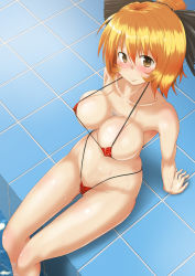 Rule 34 | 1girl, arm support, armpits, bikini, blonde hair, blush, bow, breasts, brown eyes, bust cup, cleavage, female focus, from above, hair bow, kurodani yamame, large breasts, looking at viewer, looking up, micro bikini, nokishita kumoemon, partially visible vulva, pool, poolside, short hair, sitting, smile, soaking feet, solo, spider web print, swimsuit, tile floor, tiles, touhou, water, wet