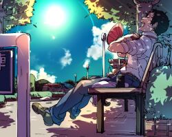Rule 34 | 1boy, adachi tooru, bench, black hair, blue sky, brown footwear, bush, can, cloud, drink can, fanning self, from side, full body, grey pants, hand fan, holding, holding fan, hot, kuga hotaru, lamppost, male focus, necktie, open mouth, outdoors, pants, park bench, persona, persona 4, red necktie, shirt, short hair, sky, soda can, solo, summer, sweat, tree, white shirt, wooden bench