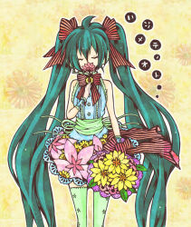 Rule 34 | 1girl, ahoge, bad id, bad pixiv id, bouquet, bowtie, closed eyes, colorized, covered mouth, flower, flower over mouth, green thighhighs, hair between eyes, hatsune miku, hinata riku, holding, holding bouquet, long hair, simple background, solo, standing, striped bow, striped bowtie, striped clothes, thighhighs, twintails, very long hair, vocaloid, white background, yellow background