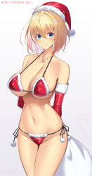 Rule 34 | 1girl, arms behind back, bare shoulders, bikini, blonde hair, blue eyes, breasts, christmas, cleavage, collarbone, cowboy shot, elbow gloves, embarrassed, fur trim, gloves, halterneck, hat, highres, large breasts, looking at viewer, navel, original, red gloves, red hat, santa bikini, santa hat, short hair, side-tie bikini bottom, simple background, smile, solo, stomach, string bikini, swimsuit, takamine nadare, thighs, white background