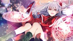 Rule 34 | 1girl, :d, absurdres, black footwear, boots, cross-laced footwear, dress, grey hair, hair bobbles, hair ornament, highres, katayama kei, light particles, long hair, long sleeves, looking at viewer, one side up, open mouth, red dress, red eyes, shinki (touhou), smile, solo, touhou, touhou (pc-98), wide sleeves