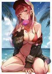 Rule 34 | 1girl, absurdres, beach, bikini, black hat, black jacket, blush, border, breasts, bun (jewd5385), cleavage, commentary, earrings, eyewear on headwear, food, full body, hair down, hat, heart, heart-shaped eyewear, heart earrings, heart necklace, heterochromia, highres, holding, holding food, hololive, houshou marine, houshou marine (summer), ice cream bar, jacket, jewelry, large breasts, lips, long hair, looking at viewer, nail polish, navel, necklace, o-ring, o-ring thigh strap, ocean, off shoulder, official alternate costume, official alternate hairstyle, on ground, pink nails, popsicle, red eyes, red hair, sand, sandals, sitting, skull, solo, straight hair, suggestive fluid, swimsuit, thigh strap, virtual youtuber, water, white border, yellow eyes