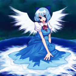 Rule 34 | 1girl, alternate wings, blue dress, blue eyes, blue hair, bow, cirno, dress, hair bow, legs folded, matching hair/eyes, open mouth, ribbon, sitting, solo, tmc, touhou, wings