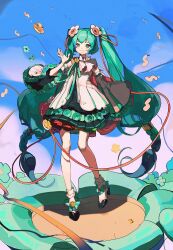 Rule 34 | 1girl, bare legs, bare shoulders, black footwear, black skirt, blue eyes, blue hair, blue ribbon, blue sky, closed mouth, cloud, day, detached sleeves, floating hair, floating hair ornament, flower, full body, hair flower, hair ornament, hair ribbon, hand up, hatsune miku, highres, layered skirt, legs apart, long bangs, long hair, long sleeves, looking at viewer, low-braided long hair, low-tied long hair, magical mirai (vocaloid), magical mirai miku, magical mirai miku (2021), neck ribbon, neonneon321, open hand, outdoors, pleated skirt, red ribbon, ribbon, shadow, shirt, shoes, sidelocks, skirt, sky, sleeveless, sleeveless shirt, smile, socks, solo, standing, twintails, very long hair, vocaloid, white flower, white shirt, white sleeves, white socks