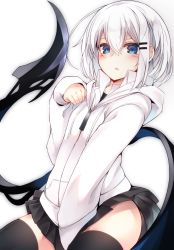 Rule 34 | 1girl, black thighhighs, blue eyes, blush, covering privates, covering crotch, hair ornament, hairclip, highres, hood, hood down, hoodie, looking at viewer, open mouth, original, otokuyou, pleated skirt, ringo-chan (haegiwa), ringo-chan (otokuyou), shirt, short hair, skirt, solo, thighhighs, white background, white hair